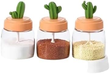3 Piece Cactus Spice Set with Holder – Airtight Bottles with Silicone and Spoon Per Bottle – Practical Spice Organization no