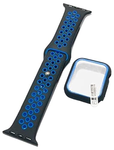 Silicone Sport Band + Cover With Screen Protector For Apple Watch 38/40mm - 4/5/6 Th Edition Blue Black
