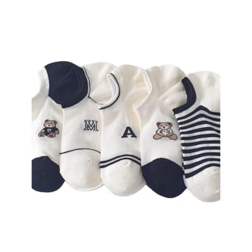Women's Ankle Socks, 3 Pairs, White and Navy Bear Print | Low Cut No-Show Style, Teddy Bear Motif, Striped Design, Letter Graphic Detail, Colour Block Trim