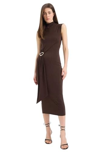 DeFacto Woman Smart Casual Bodycon Dress Sleeveless Dress & Skirt Short Sleeve Knitted Dress,Brown M