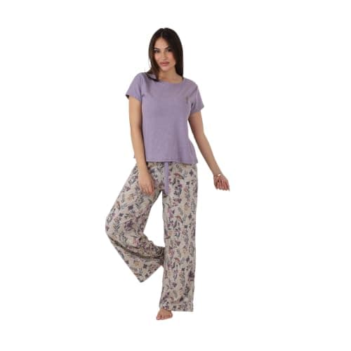 ZECOTEX Women's Ribbed Cotton Pajama Set |Embroidered Top & Floral Wide Leg Pants, Soft Sleepwear | Sizes S-2XL