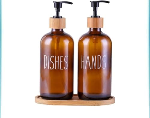 Generic Glass Soap Dispenser Set with Bamboo Pump, Amber, 2 Pieces, for Hands and Dishes, .BI