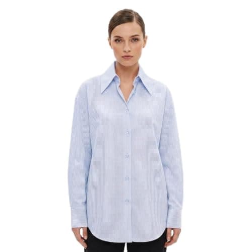 Women's Blue Striped Button-Up Long Sleeve Shirt-one size -SH-026-205 | Relaxed Fit, Point Collar, Curved Hem, Casual & Office Wear, Button Front