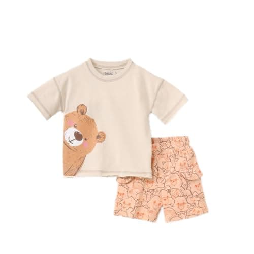 Bebic T-shirt + Shorts Set for Baby Boys - Baby boy 2-piece set: beige t-shirt with bear print