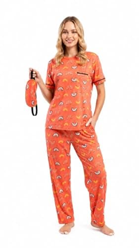 Women Summer 2 Piece Pajama Set (T-shirt and Pants) Soft Patterns Comfortable Everyday Wear with Stylish Sleep Glasses