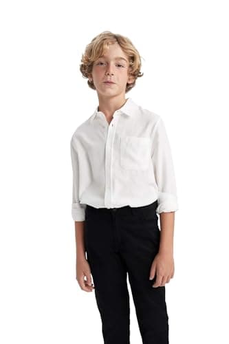 DeFacto Boy Casual Regular Fit Polo Neck Long Sleeve Woven Top Long Sleeve Shirt T8854A6, White7/8 Y