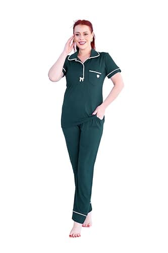 Women's Viscose Nightwear Olive Navy Short Sleeve Shirt with Long Pants Pajamas
