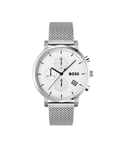 BOSS Chronograph Quartz Watch for Men with Silver Stainless Steel Mesh Bracelet - 1513933, White, bracelet