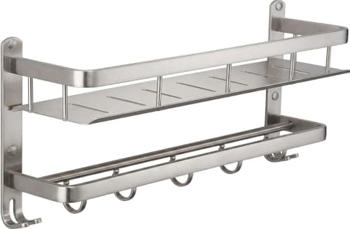 60cm Aluminum Wall Bathroom Organizer Rack with Towel Holder and 5 Hooks | 24" wall bathroom rack with towel holder and 5 hooks and drain slots, organize shampoo and toiletries and save space.