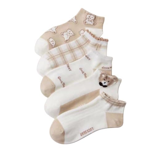 Ankle Socks for Women, 3 Pairs, White and Coffee | Teddy Bear Motif, Plaid Pattern, Low Cut Style, Frilled Cuff, 3D Bear Appliqué
