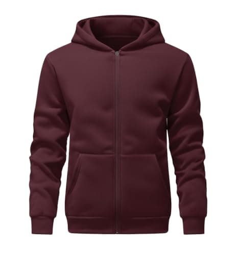 Men's Zip-Up Hoodie Sweatshirt, Maroon, Full Zip with Kangaroo Pocket, Long Sleeve Casual Fleece Jacket