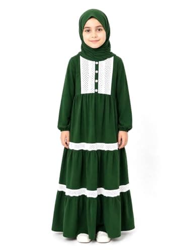 Girls Modest Abaya Maxi Isdal, with White Lace Trim, Long Sleeve, Tiered Style - Green Apparel