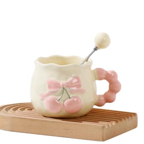 Elegant Porcelain Coffee Mug with Red Cherry Design and Ergonomic Bubbles Handle 350ml Capacity Includes Premium Presentation Box for Gifting