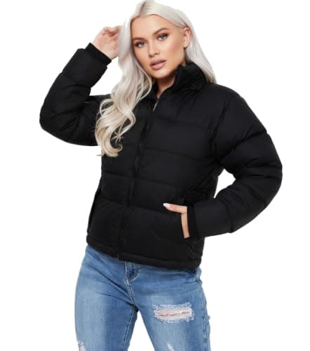 Women's Black Quilted Puffer Jacket, Zip-Up, Stand Collar, Cropped Winter Coat