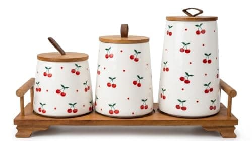 Generic Porcelain Spice Jar Set, 3 pieces in different sizes for sugar, tea, and coffee, multi-purpose design, includes porcelain containers with natural bamboo lids and wooden holder. Food storage container