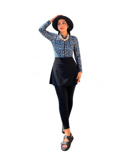 Women's Modest Burkini Swimsuit 4-Piece Set – Ocean Leopard Zip Rash Guard Top, A-Line Skirt, Leggings & Swim Cap From La Vie Model LV-BRK-4000 Swimwear