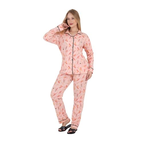 ZECOTEX Women Classic Pajama Set S–3XL | Peach Pink Bird Print | Long Sleeve Button Down Top & Full Length Pants | Soft Breathable Cotton Sleepwear Loungewear | Made in Egypt