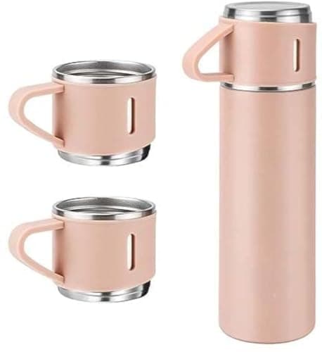 Vaccum Cup Double Wall Stainless Steel Thermal Bottle with Lid 3 Cup for Hot & Cold Drink Water, Tea, Coffee Travel Mug Thermos Vacuum Insulated Flask 500ml (Vacuum Flask with Cup) (Pink)