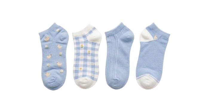 Women's Ankle Socks, Blue, V5 Chick & Floral Print, 6 Pairs