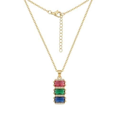 Gold Tone Necklace With Rectangle Pendant With Colorful Gemstones, Pink, Green And Blue, Elegant Design-Mg_cg10007