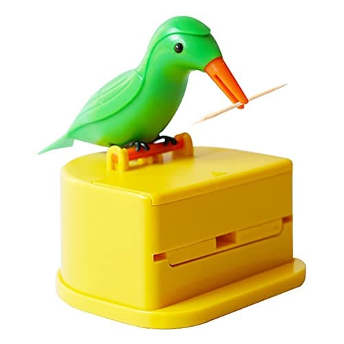 Woodpecker toothpick dispenser little bird push-type automatic toothpick holder with a toothpick box portable plastic kitchen decoration 1pcs (yellow & green)