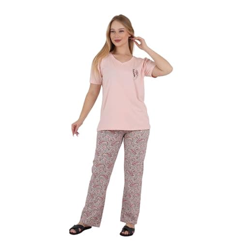 ZECOTEX Women Cotton Pajama Set M–3XL | Short Sleeve Embroidered V-Neck Top & Paisley Pants | Soft Breathable Loungewear | Made in Egypt