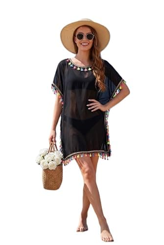 Pebeo Chiffon Mayo Cash for Women, Black with Colored Tassels, Beach Short Kaftan