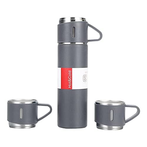Vaccum Cup Double Wall Stainless Steel Thermal Bottle with Lid 3 Cup for Hot & Cold Drink Water, Tea, Coffee Travel Mug Thermos Vacuum Insulated Flask 500ml (Vacuum Flask with Cup) (Grey)