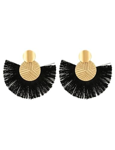 حلق نسائى أقراط نسائية متدلية على شكل شرابة بتصميم بوهو صيفي اللون : ذهبي وأسود Earring