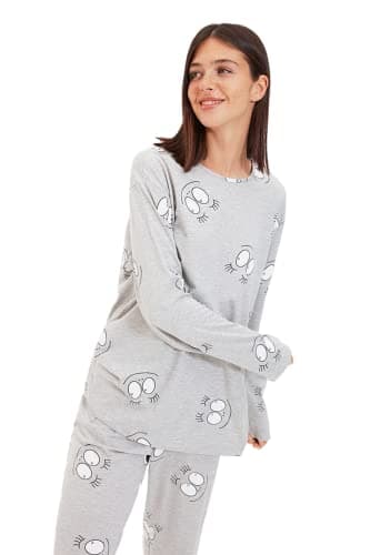 Trendyol Womens Gray Eye PaTTerned 100% CoTTon T-shirt and Jogger Sleepwear SeT - THMAW22PT0270 Pajama Set (pack of 1)