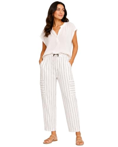 Coastal Stripe Cargo Pants, XXL, Linen, with Cargo Pockets and Elastic Waistband, Relaxed Fit
