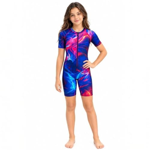 Girls One Piece Swimsuit Zip Front - Sports Swimsuit with Bright Colors and Fashion Pattern, Stretch Comfortable Quick Dry Material, Half Sleeve and Shorts, Suitable for Sea, Pool Swimwear