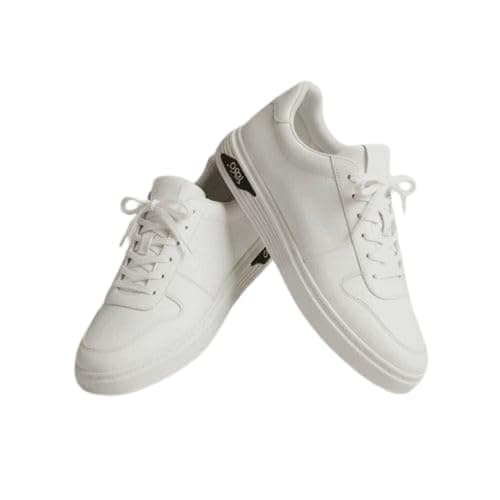 White Lace-Up Low-Top Casual Sneakers for Men 62290000570- | Classic Court Style, Flat Rubber Sole, Everyday Wear, Logo Heel Detail, Versatile Fit Shoes