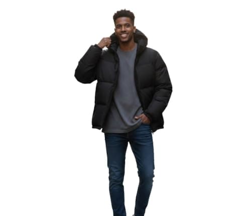 Men's Black Hooded Puffer Jacket, Quilted Winter Coat, Zip-Up Outerwear
