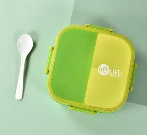 Generic Square lunch box featuring a separate,two-compartment insert for meal variety,Includes a plastic spoon,Made from pure PP5 plastic,Microwave, dishwasher, and safe,Available in three colors, .db