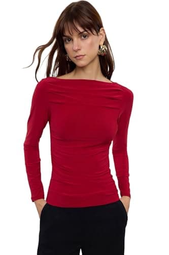 Trendyol Woman Boat Neck Draped Fitted Stretchy Knitted Blouse TWOAW25BZ00109 Blouse Shirt