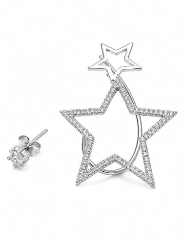 Silver-Tone Crystal Star Earring and Ear Cuff Set for Everyday Wear and Special Occasions