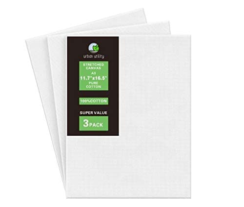 Urban Utility Stretched White Blank Canvas A3 11.7 x 16.5 in (Pack of 3), Primed Cotton, for Painting, Acrylic Pouring, Oil Paint & Wet Art Media, Canvases for Artist, Hobby Painters & Beginner Reinforced art surface