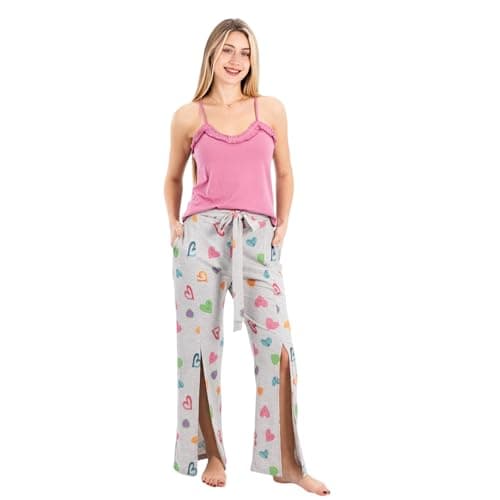 ZECOTEX Women's Cotton Pajama Set | Pink Cami Top with Grey Heart Print Pants | Sleeveless Sleepwear with Front Slit Design | Soft Comfortable Loungewear | Sizes S – 2XL