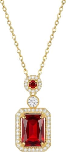 Women's Stainless Steel Vintage Necklace Featuring Large Ruby Red Crystal Cut with Emerald Cut and Double Crystal Halo Accents in Gold Tone