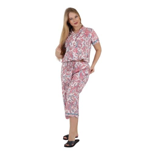 ZECOTEX Women's Cotton Pajama Set | Short Sleeve Button-Down Top & Cropped Pants | Soft Breathable Printed Loungewear & Sleepwear | Relaxed Fit | Sizes S-2XL