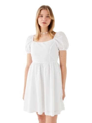 LC WAIKIKI Woman U Neck Plain Short Sleeve Poplin Dress