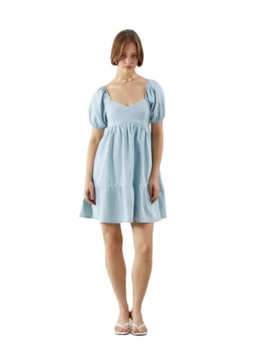 LC WAIKIKI Woman Sweetheart Neck Balloon Sleeve Mini Denim Dress