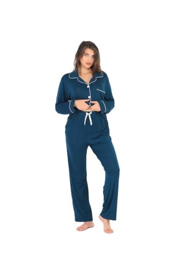 Women's Soft Knit Comfy Pajama Set Long Sleeve Top Wide Leg Pants Lightweight Home Sleepwear Button Pajama Set