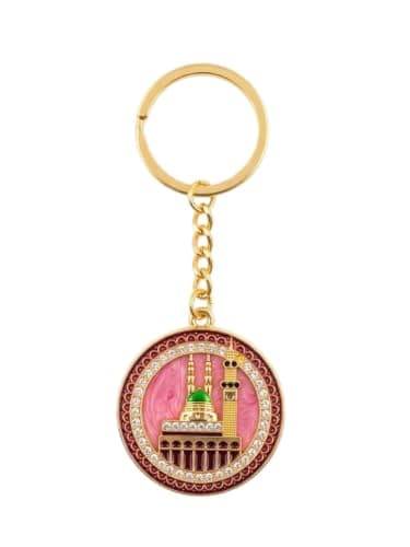 ميدالية مفاتيح بتصميم المسجد النبوي، قلادة دائرية بلون ذهبي ومينا احمر Keychain