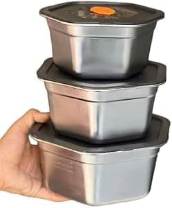 3 Piece Stainless Steel Corrugated Food Storage and Storage Set with Airtight Acrylic Lids de