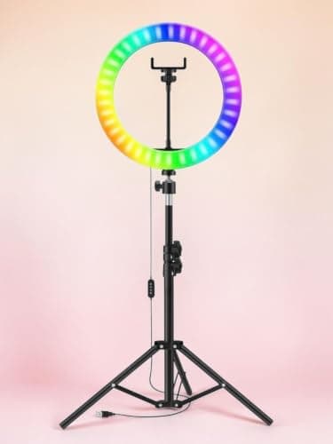 Dimmable LED Ring Light with 2M Adjustable Tripod Stand and Phone Holder, 10 Brightness Levels, Ring Light for Live Streaming, Makeup, Photography, YouTube, TikTok (RGB 13in)