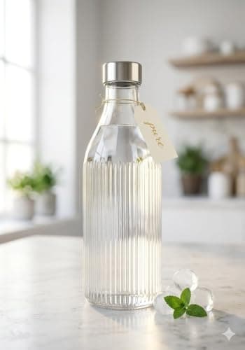 Generic Ribbed Clear Glass Water Bottle with Stainless Steel Lid, 1L, .kI