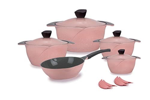 Master El-Zenouki Granite Flower Set 13 Pcs Pot 18-20 - 24-28 cm - Deep Frying Pan 28cm - 4 Silicon Pot Holder Color : Rose Cookware set