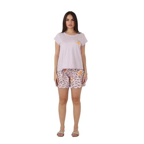 ZECOTEX Women's Cotton Pajama Shorts Set | Short Sleeve Top with Printed Shorts | Embroidered Sleepwear Summer Loungewear | Sizes S to 3XL